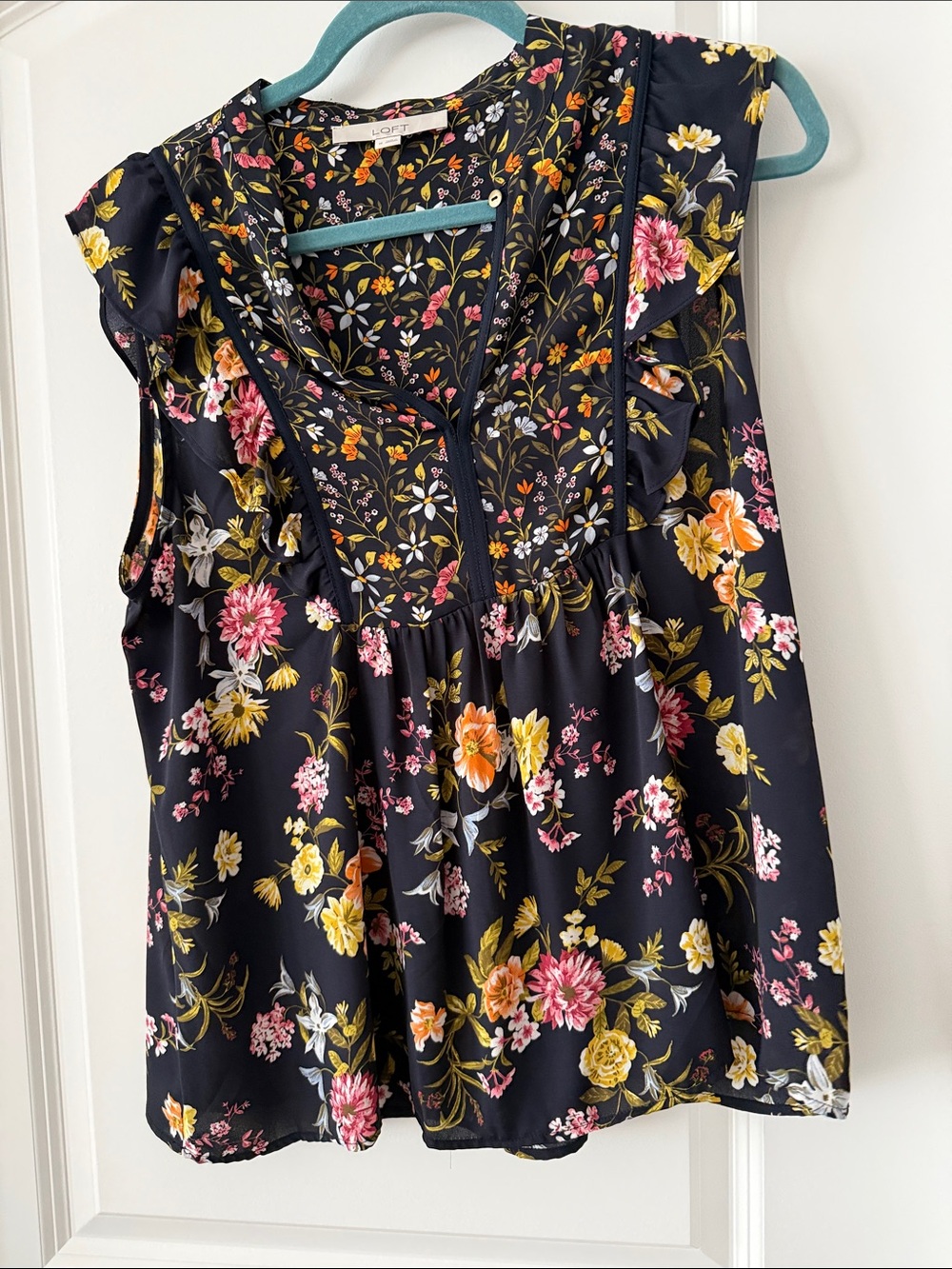 LOFT Black Floral Ruffle V-Neck Blouse